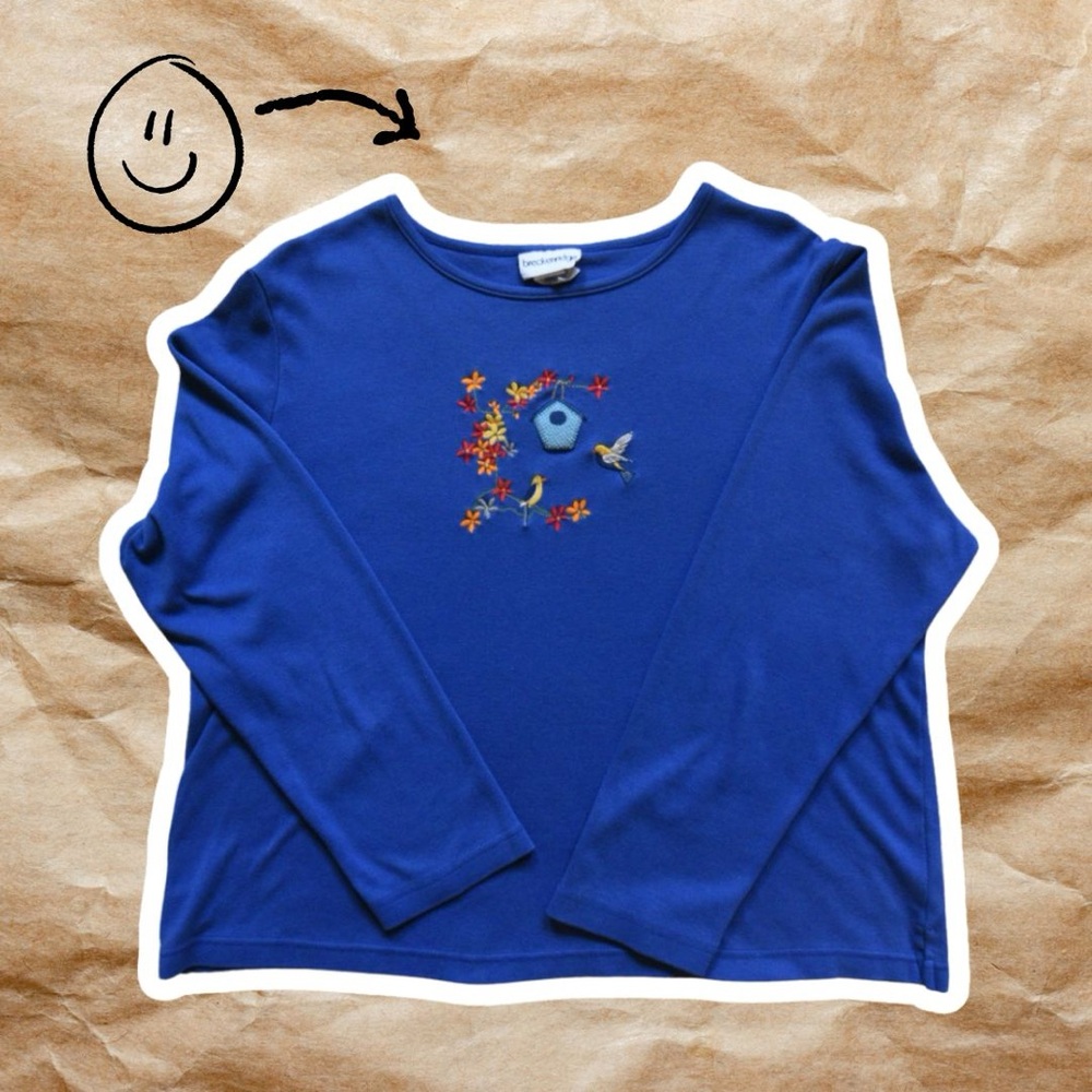 Vintage Breckenridge Royal Blue 3/4 Sleeve Embroidered Flower & Birdhouse Top